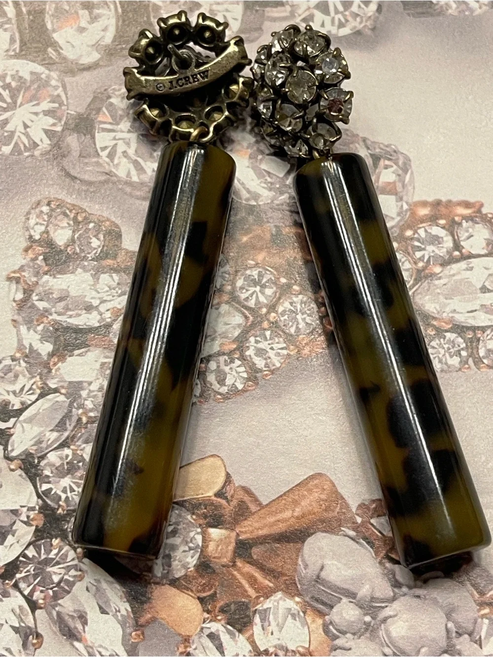 Vintage J.Crew Tortoiseshell Drop Earrings with Rhinestone Cluster